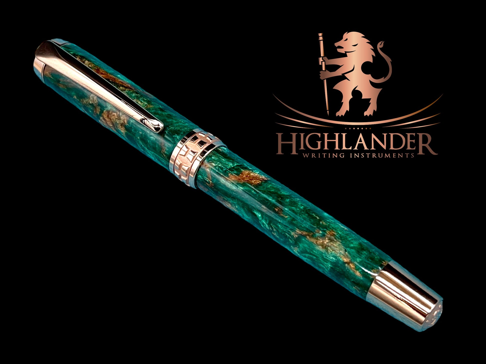 Elegant “British Racing Green”, Rose Gold Acrylic Rollerball Pen, Artisan Handcrafted Writing Instrument. One of a Kind, with Box, Sleeve, & Ink. - HighlanderPen