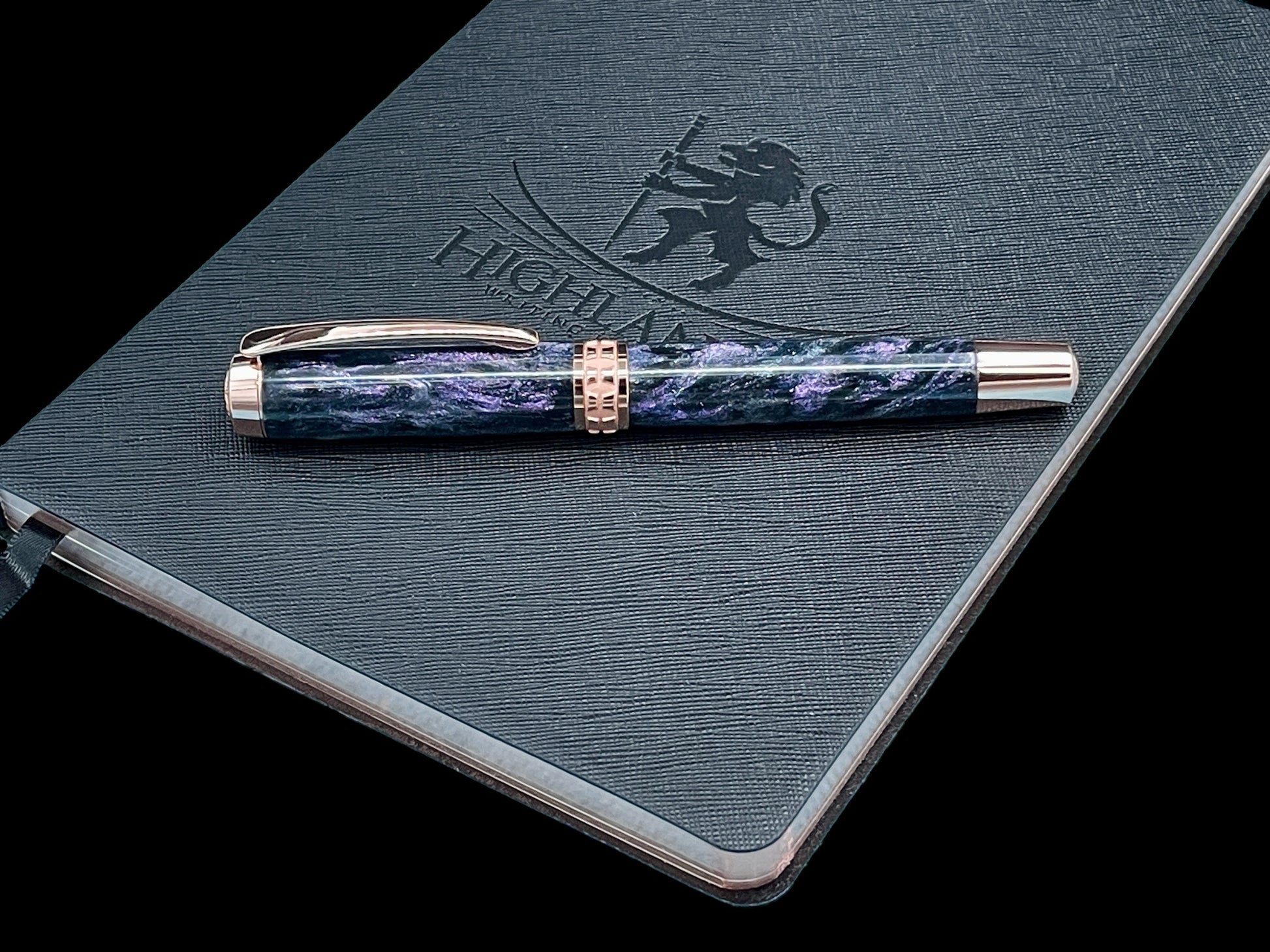 Elegant “Galactic Purple”, Rose Gold Acrylic Rollerball Pen, Artisan Handcrafted Writing Instrument. One of a Kind, with Box, Sleeve, & Ink. - HighlanderPen