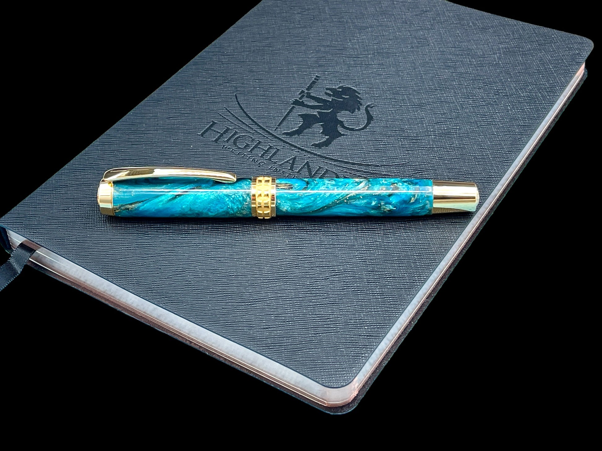 Elegant “Teal/Black/Gold” Handcrafted Luxury Gold Fountain Pen, One of a Kind, Handmade in Colorado. Ink, Converter, Sleeve, & Box Included. - HighlanderPen