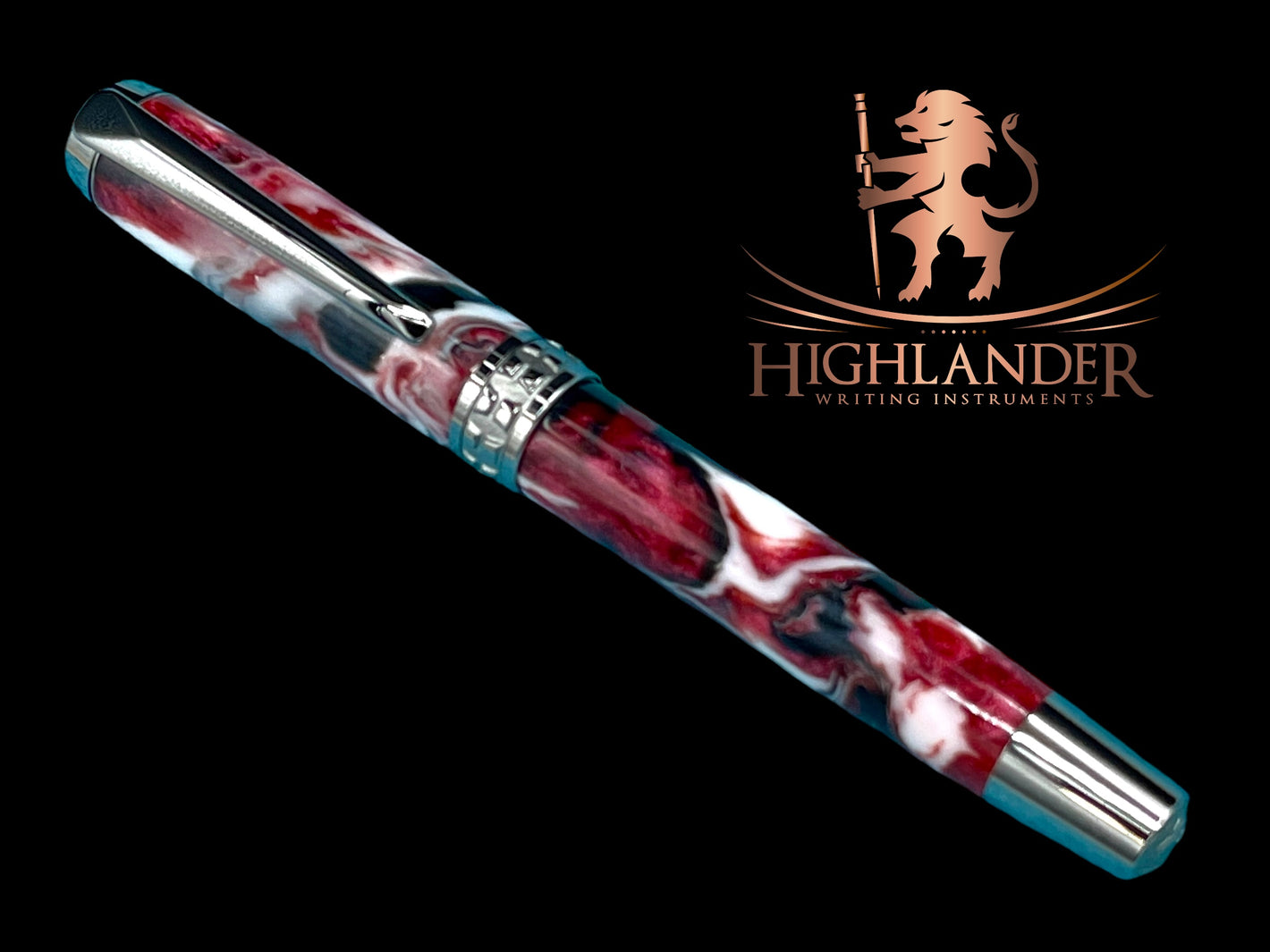 Elegant “Red Black Swirl” Black Titanium Fountain Pen, Artisan Handcrafted Writing Instrument. Converter, Ink, Sleeve & Box Included. - HighlanderPen