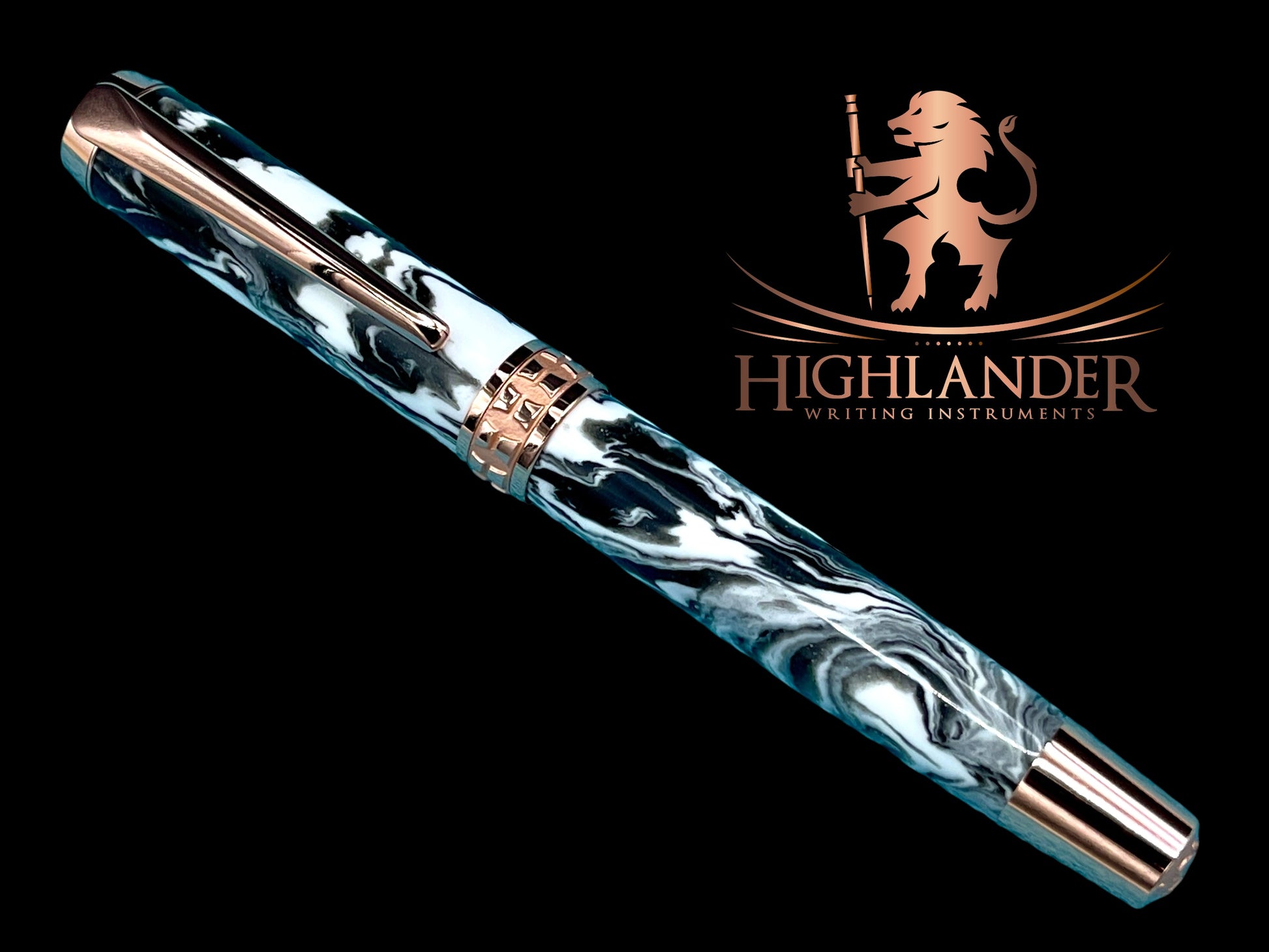 Timeless “Imperial Black” Rose Gold Acrylic Rollerball Pen, Artisan Handcrafted Writing Instrument. One of a Kind, with Box, Sleeve, & Ink. - HighlanderPen