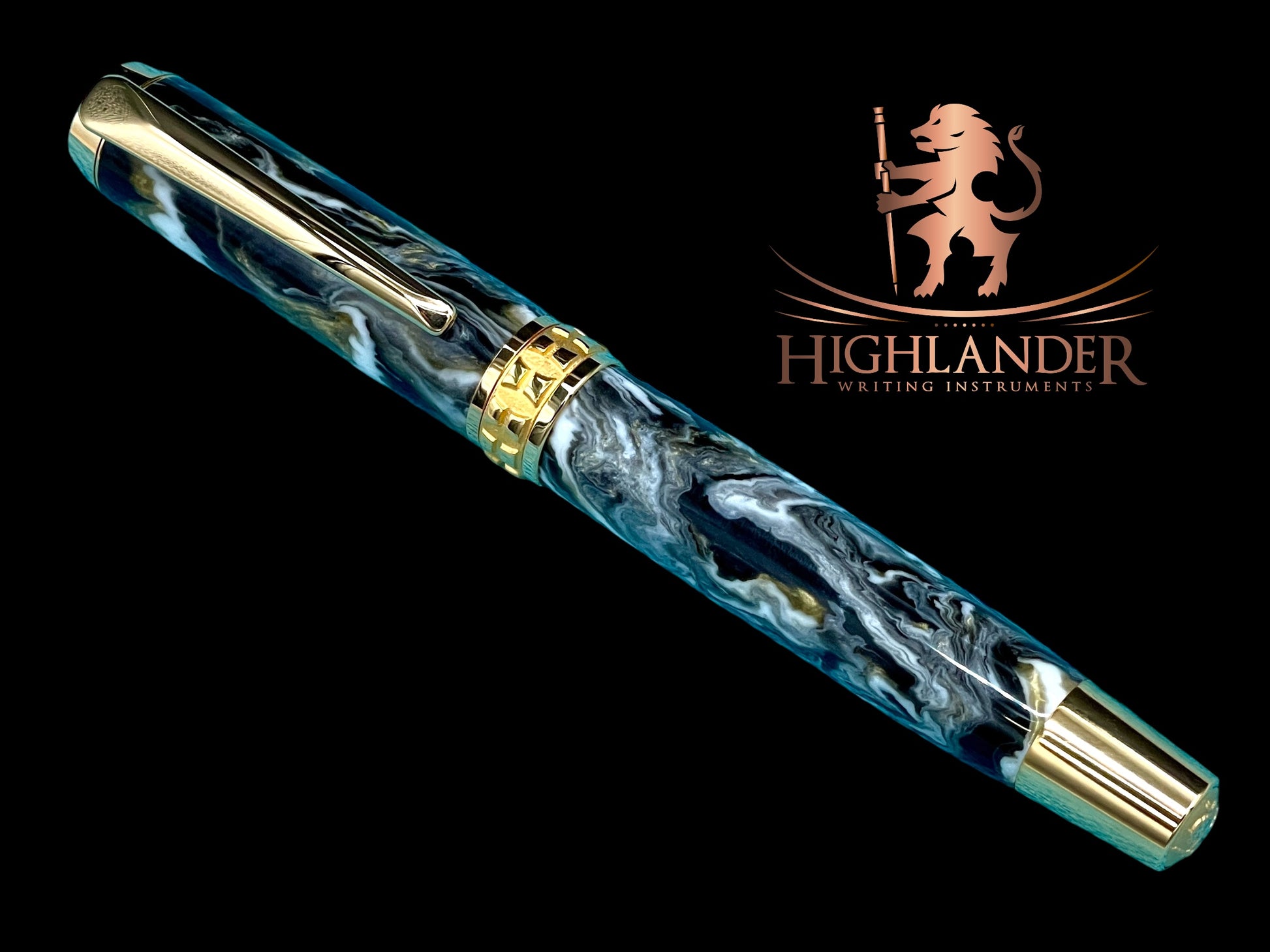 Elegant “Black/Gold Swirl” Handcrafted Luxury Gold Fountain Pen, One of a Kind, Handmade in Colorado. Ink, Converter, Sleeve, & Box Included - HighlanderPen