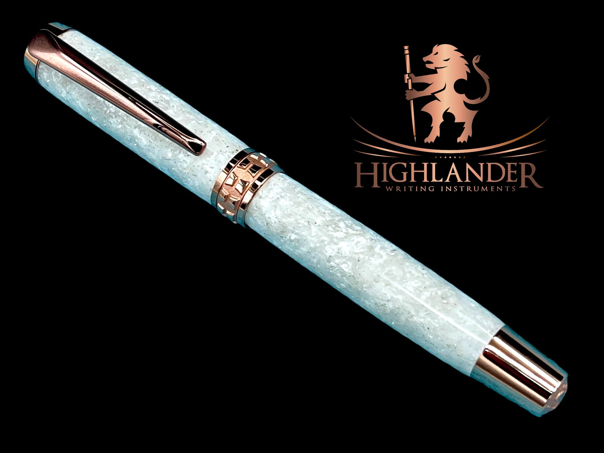 Elegant “Bling” Rose Gold Acrylic Rollerball Pen, Artisan Handcrafted Writing Instrument. One of a Kind, Box, Sleeve, & Ink Included. - HighlanderPen