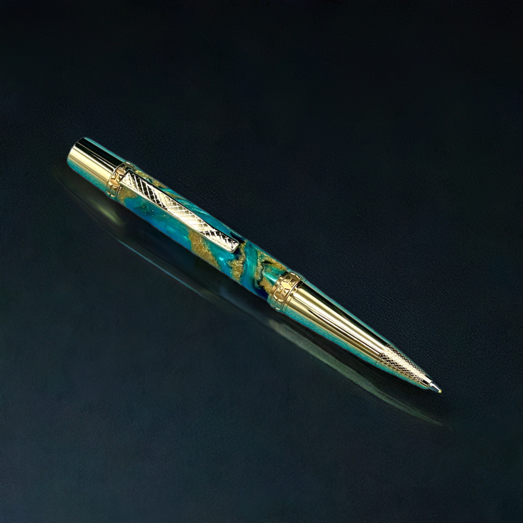 Elegant Gold Ballpoint Pen, Artisan Handcrafted Writing Instrument. Handmade Custom in CO. One of a Kind, Ink, Sleeve, & Box Included. - HighlanderPen