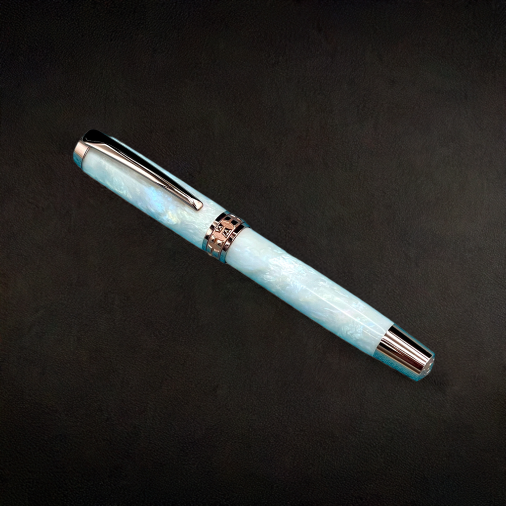 Elegant “Pearly Opal Acrylic” Rose Gold Fountain Pen, One of a Kind, Handmade in Colorado. Ink, Converter, Pen Sleeve & Box Included. - HighlanderPen