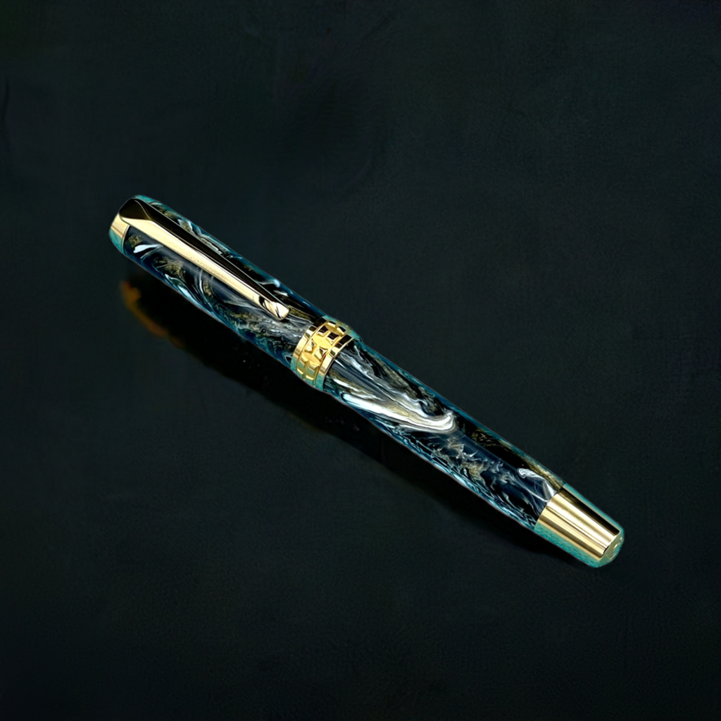 Elegant “Black and Gold” Handcrafted Luxury Gold Fountain Pen, One of a Kind, Handmade in Colorado. Ink, Converter, Sleeve, & Box Included. - HighlanderPen